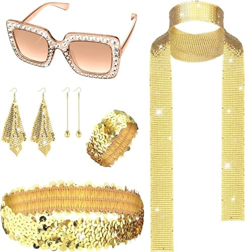 Diamday 6PCS 70s Disco Accessoires für Damen Kostümset Strassstein Dicker Rahmen Bling Sonnenbrille Langer Paillettenschal Ohrringe Stirnband Armband Kugel Ohrringe Retro Disco Party Outfit Schmuckset