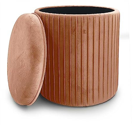Norbe | Sitzhocker aus Samt mit Zylinder, Gerippter Hocker, Fußstütze, Schreibtisch, Schminktisch, Kindersessel für Schlafzimmer oder Wohnzimmer, Fußstütze Nachttisch Sessel Flu (rosa Behälter)