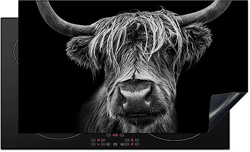 KitchenYeah© Induction Hob Protector Mat Stove Cap Top Cover Kitchen Cooker | 20.5x35.9 / 91.2x52 cm - Covers for Electric Hobs Vinyl Scottish Highlander - Horns - Black - White - Cow