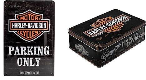 Nostalgic Art Retro Blechschild, Harley-Davidson Parking Only & Retro Vorratsdose Flach, Harley-Davidson – Genuine – Geschenk-Idee für Motorrad-Fans, Blech-Dose mit Deckel, Vintage-Design, 2,5 l