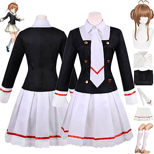 Tjmiaohao Anime Kinomoto Sakura Cosplay Kostüm Outfit Card Captor Sakura Schwarze Uniform Komplettset Halloween Party Karneval Dress Up Anzug mit Perücke für Frauen Mädchen (S)