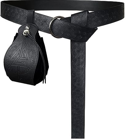 HiiFeuer Mittelalter Geprägter O-Ring-Gürtel mit Tragbarem Gungnir Kordelzugbeutel, Retro Renaissance Kunstleder Gürtel und Geldbeutel Set für LARP (Schwarz B)