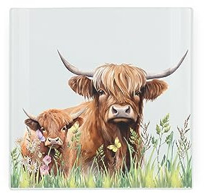 Glass Hot Pot Stand - Highland Cow Mum & Calf Worktop Saver - Hot Pot Stand Kitchen Chopping/Cutting Board Worktop Protector with Non-Slip Feet 20cm x 20cm (8 x 8)