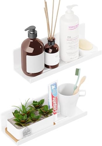 PAVSTINE Badregal Ohne Bohren, Wandregal Bad mit Ablaufloch, Regal Wand Weiß, Schweberegal aus ABS, Kleberegal Bad 2er-Set, Regalbrett für Küche, Badezimmer, Wohnzimmer, Schlafzimmer