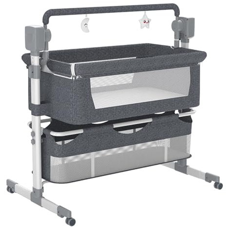 Magic ZC Cuna al Lado de la Cama de Bebé Cuna Portátil Multifuncional Convertible Cuna Plegable con Música Bluetooth 5 Dispositivos Oscilantes Control Remoto (Grey)