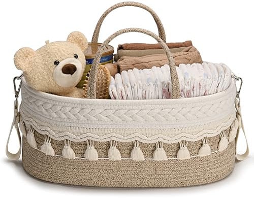 SEBRAM Wickeltisch Organizer Baby – Wickelkorb Boho aus Baumwollseil, Windel Organizer Caddy & Windelkorb mit Isoliertaschen und Tragegurt (BEIGE) - Inklusive weißer Griffe siehe Video