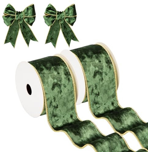 Hollyone 2PCS Grün Samtband 6.3cm x 10yds, Vintage Weihnachtsband für Geschenkverpackungen, breites Geschenkband für Weihnachtsdekoration, Kranzschleifen Dekoration Handwerk Hochzeit Geburtstag