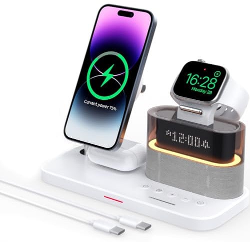GLILAVOX 5 in 1 Wireless Charger with Alarm Clock for Apple, Magnetic Wirelss Charger Stand for iPhone 16/15/14/13/12,Apple Watch Series 10/9/Ultra 2/8/7/SE/SE2/6/5,Air-Pods 4/3/Pro/2(White)