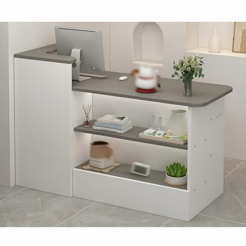 Empfangstresen, Rezeptionstheken, Moderne, minimalistische Empfangstheke an der Vorderseite, Empfangstheke mit offenen Regalen, optionale erhöhte Regale links u(Size:160x100x45cm,Color:Grau/links)