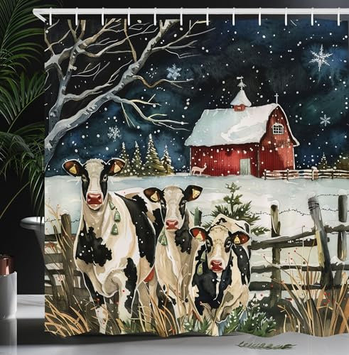 ABAKUHAUS Weihnachten Duschvorhang, Scheunenkühe Schnee Weihnachtsnacht, Stoffliches Gewebe Badezimmerdekorationsset mit Haken, 175 x 200 cm, Beige Hellgrau Hell Rubine