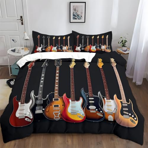 XCQHZYQ Bettwäsche 135x200 cm Musikinstrumente Gitarre Schwarz Kinder Bettwäsche Set 3D Druck Baumwolle Polyester Bettbezug und Kissenbezug 80x80cm mit Reißverschluss