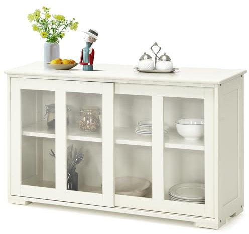 KOMFOTTEU Buffet Bas avec Éragàre réglable, Armorie de Rangement de Cuisine avec Portes coulissantes, Meuble de Stockage, Idéal pour Cuisine Salle à Manger, Salon, 107 x 33 x 64 cm (Blanc Laiteux)