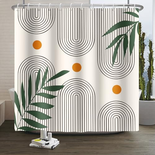 Xiaoterna Sol Línea Cortina de Ducha Bohemia Rústica Cortina de Baño Resistente al Moho Occidental Retro Abstracto Sol Cortina de Baño Hojas Tejido Impermeable Lavable a máquina 180x180cm
