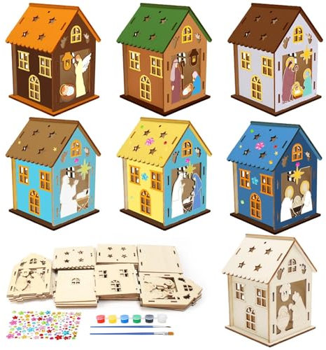 WEDNOK 7 Sets Jesus Haus Bastelset Kinder Weihnachten Holz Bausatz 3D Jesus Geburt Kreativsets Weihnachtskrippen Holzbausatz Basteln DIY Holzbastelset zum Bemalen für Jungen Mädchen