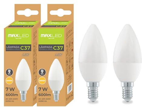 Maxled, Light is Led! 2er LED Lampe mit E14 Sockel 3000K Warmweiß Glühlampe C37 Kerzenform 7W Birne 600 Lumen Ersatz für 50W Glühbirne 200° Leuchtmittel 230V