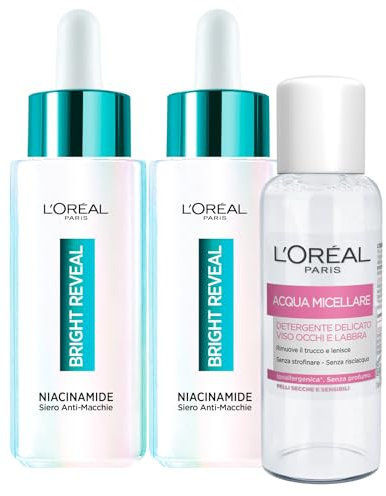 L'Oréal Paris Bright Reveal Anti-Flecken-Serum mit Niacinamid, sanfte Formel, gleichmäßig, glättend gegen Unvollkommenheiten für empfindliche Haut, 2 Flaschen à 30 ml + Mizellenwasser 30 ml