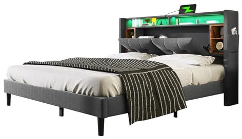 SAINUO Upholstered Bed, Double Bed, Solid Wood Bed, Storage Headboard Bed with Charging USB and LED RGB Lighting Bed, Bed Frame Slatted Frame Made of Wood, Bedroom Furniture-140cmx200cm