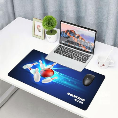 QRFASFZO Großes Gaming-Mauspad mit genähten Kanten,rutschfeste Gummibasis,Bowling-Party-Dekorationen, Bowling Strike Red Ball und Klassische Pins Alive,Für Büro Zuhause und Spielzimmer 80x30 cm