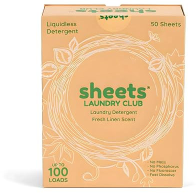 Sheets Laundry Club Waschmittelblätter, 50 Stück (bis zu 100 Waschladungen) – frischer Leinenduft – neue flüssigkeitslose Technologie, unverzichtbares Reise-Reinigungsmittel