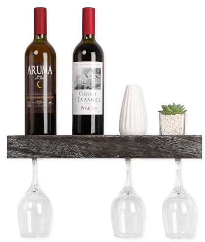 JJUUYOU Wall Mounted Wine Rack Wood Stemware Rack Floating Wine Rack Glassware Holder Bar Organizer with 5 Bottles and 5 Wine Glass Storage 43CM Long Rustic Brown