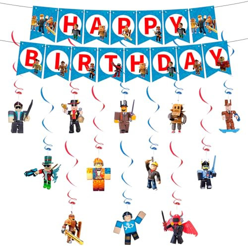 yumcute Geburtstag Deko Roblx- Bunting Girlande Hängende Deko Rob-Lx Geburtstag Banner Swirl Deko Rob-Lox Geburtstagsdeko Happy Birthday Banner für Kinder Rob-Lox Kindergeburtstag Party Supplies Deko