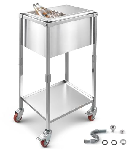 VEVOR Rolling Ice Chest Cooler Cart, 20L x 14W x 38H (510 x 360 x 970 mm) Stainless Steel Cooling Bin on Wheels, 28L Outdoor Stand Up Cooler Trolley with Shelf, for Patio Backyard Party Bar