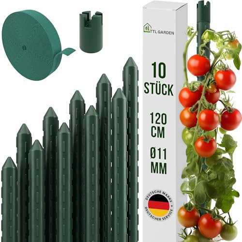 TTL GARDEN Rankstäbe 10er Set 120cm x 11mm Ø grün - Rankhilfe Pflanzstäbe + Klettband - Stahl rostfrei kunststoffbeschichtet Pflanzenstütze Blumenstütze für Tomaten Paprika Gurken Bohnen & Blumen