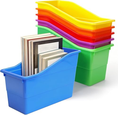 6 Pack Durable Book and Binder Holder, Stackable Files Book Bins Baskets | Plastic Vertical Storage Book Organizer Folder Office Classroom Organization Containers Supplies for Classroom Library Home