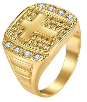 Fengw Siegelring für Herren, Kreuz, Relief, Zirkonia, kubisch, Edelstahl, quadratischer Ring, christlicher Schmuck, Edelstahl
