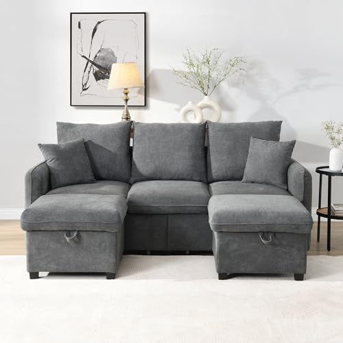 Ball & Cast U-förmiges Couch mit Schlaffunktion, 3-Sitzer Sofa mit 2 Staufußhocker aus Chenille-Bezug für das Wohnzimmer Wohnung Villa, 188 x 86 x 186 (BxHxT), Dunkelgrau