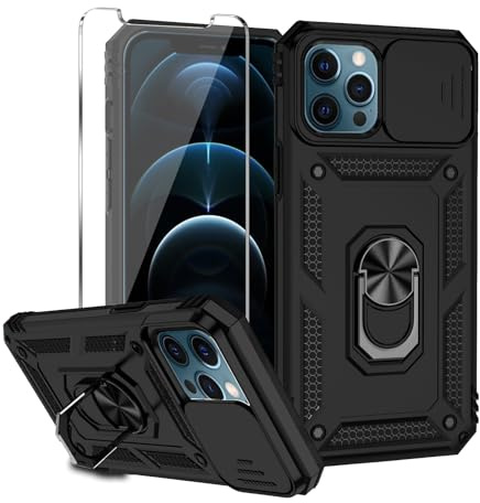 Damtong for iPhone 13 Pro Max Phone Case 6.7 Inch with Camera Cover Black | Phone Case with Camera Cover and Screen Protector, Rotatable Kickstand Military Grade Dual Layer Shockproof Drop Protection