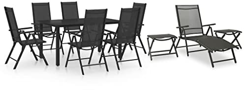 Yunovire 10-TLG. Garten-Essgruppe Schwarz Anthrazit, Aluminium Textilene, Esstisch 150x90cm, 6 Stühle 7-Fach verstellbar, 2 Fußhocker, Sonnenliege, für Terrasse, Balkon, Außenbereich
