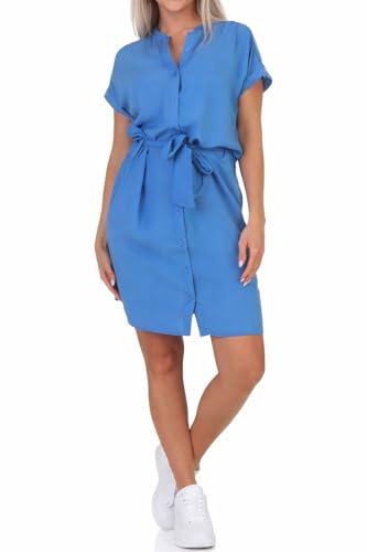 FRESH MADE Damen Viskose Kleid LFM-177 Hemdkleid mit Gürtel und Taschen Marina Blue L