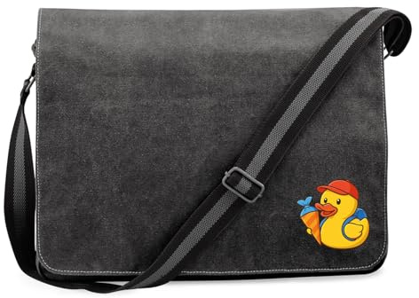Huuraa Umhängetasche Quietscheente Einschulung Gummiente Schulanfang 14 Liter Black Canvas Laptoptasche Geschenkidee