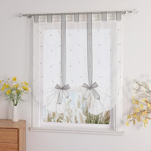 Yujiao Mao Raffrollo Voile Küche Gardine Mit Stickerei Bindegardine Mit Schlaufen Modern Raffgardine Wohnzimmer Weiß Silber BxH 60x140cm 1 Stück