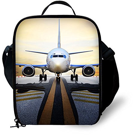 ANYFOCUS Lonchera con diseño de avión 3D para niños, duradera y aislada, pequeña lonchera negra para niños y niñas, bolsa térmica personalizada con correa ajustable para el hombro