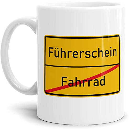 Ortsschild-Tasse Fahrrad -> Führerschein - Geschenk-Idee/Lustig/Arbeit/Geburtstag/Witzig/Spaß/Scherz-Artikel/Weiss
