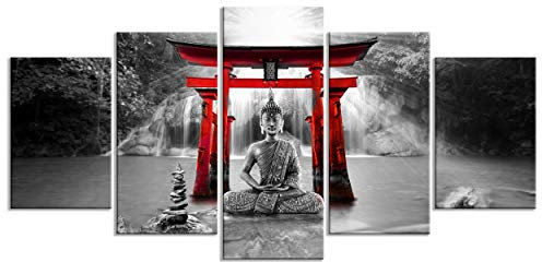 decomonkey - Impression sur Toile Bouddha 100x50 5 Pièces - Tableau Décoration Appartement Cadre en Bois Déco Salon Peinture sur Toile Bouddha bouddhisme arbres nature orienter eau cascade zen