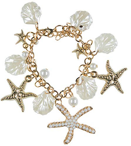 NET TOYS Elegantes Muschel-Armband mit Seesternen - Gold-Perlmuttfarben - Aufregendes Damen-Accessoire Meerjungfrau Armkette mit Meeres-Motiven - Bestens geeignet für Karneval & Mottoparty