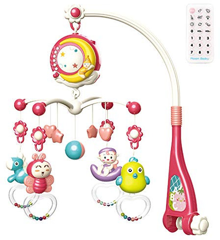 Giostrina Culla Neonati con Telecomando Musicale Proiettore Stelle Sonaglio Girevole a 360° Giostrina Lettino Multifunzione (Rosso)