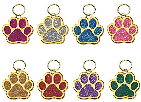 HACRAHO Haustier-ID-Tags, 8 Stück Zinklegierung, graviert, Namensschilder für Hunde, goldene Pfotenabdrücke, Hunde-Namensschilder mit 8 Schlüsselringen für Katzen, Hunde, Welpen, Pfotenform