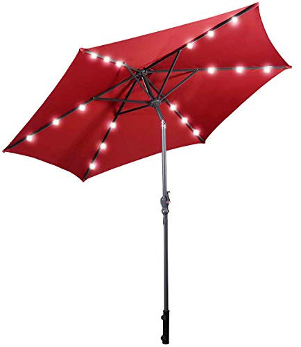 RELAX4LIFE Parasol Extérieur Dia.2,7m avec lumières LED Jaunes, Hauteur & Inclinaison Réglables, 8 Baleines en Fibre de Verre, Toit Ventilé,Parasol de Patio pour Plage, Parc, Cour (Rouge)