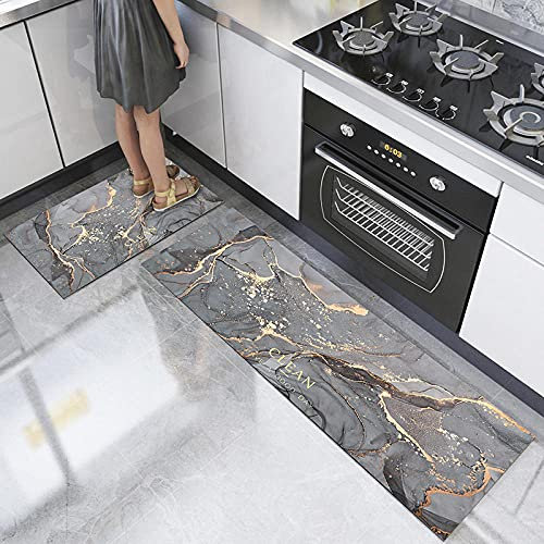 ZZDXL 2Stk Küchenteppich Grauer Marmor Küchenläufer Teppich Für Küche Waschbarer rutschfest Läufer Küchenmatte Küchenfußmatten Mikrofaser Gummiunterlage Teppich Flur(50X80+50X160Cm)