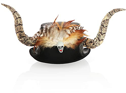 com-four® Voodoo-Hut - Kopfbedeckung für Fasching-, Halloween und Mottopartys zum Tag der Toten - schwarzer Hut mit Federn, Totenkopf und Hörnern - Kostümzubehör (helle Hörner)