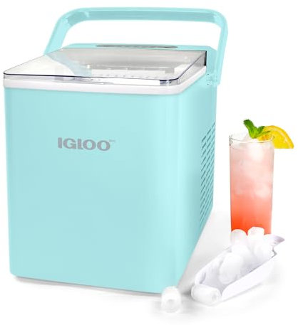 Igloo Máquina de hielo eléctrica portátil autolimpiante automática con asa, 26 libras en 24 horas, 9 cubitos de hielo listos en 7 minutos, con cuchara de hielo y cesta