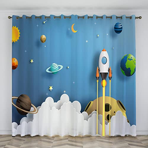 FDHGF Ecológico Diseño Divertido Colorido Astronauta Planeta Luna Universo Dibujos Animados Impreso Bloqueo Cortinas para Niños Niños Dormitorio-5,W300xH270cm,Grommet Top