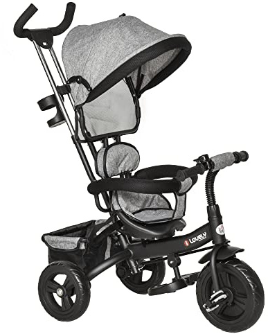 HOMCOM 6 in 1 Baby Trike Kids Tricycle Parent Handle for 1-5 Years Grey | Pedal Push Bike, Removable Canopy, 5-Point Harness, Storage, Footrest, Brake, for Toddler