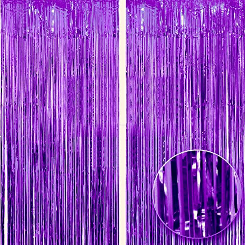 2pcs 3ft X 8.3ft Purple Metallic Tinsel Curtains Aluminum Foil Flow Silk Curtain Background Streamer Birthday Party Wedding Holiday Backdrop Decoration