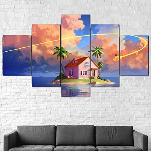 Wondbeau Leinwanddrucke Modulare Wandkunst Wandaufkleber 5 Teiliges Wandbild Druck auf Leinwand Malerei Moderne Abstrakte Poster Mit Rahmen S/75cm×40cm Anime Dragonball,Kame House