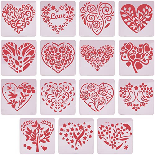 GORGECRAFT 15 Stück Herz-Malschablonen Aus Kunststoff Wiederverwendbar Rechteckige Schablone Geschnittene Malvorlage Blätter Blumen Liebesworte Zum Basteln Hochzeit Valentinstag DIY-Kunstprojekt